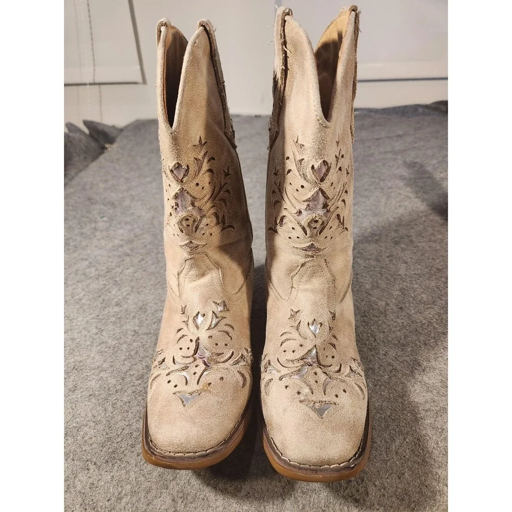 Roper Boots Kids Size 3 Beige Western Cowboy Square Toe Glitter Inlay Mid Calf